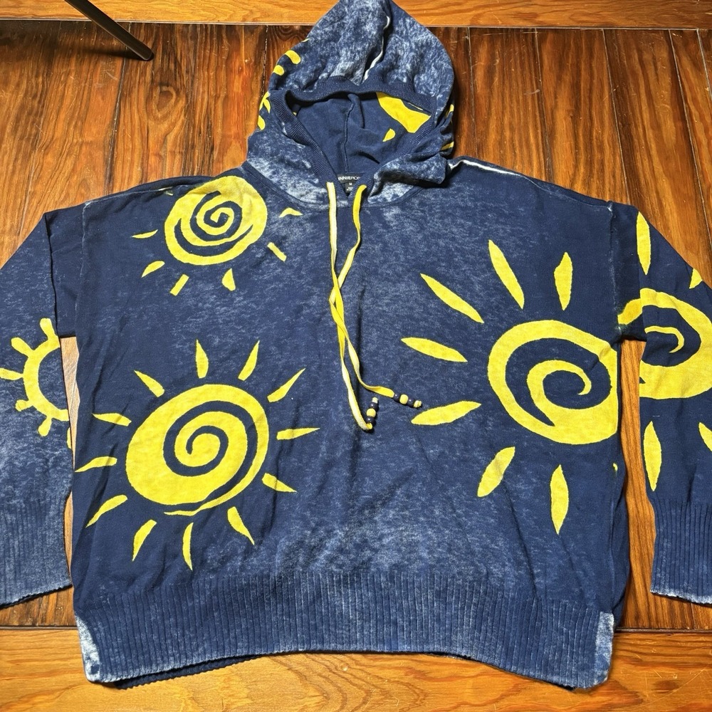 Minnie Rose Celestial Sun Blue Yellow Burnout Hoodie Cashmere Blend M Baja Boho